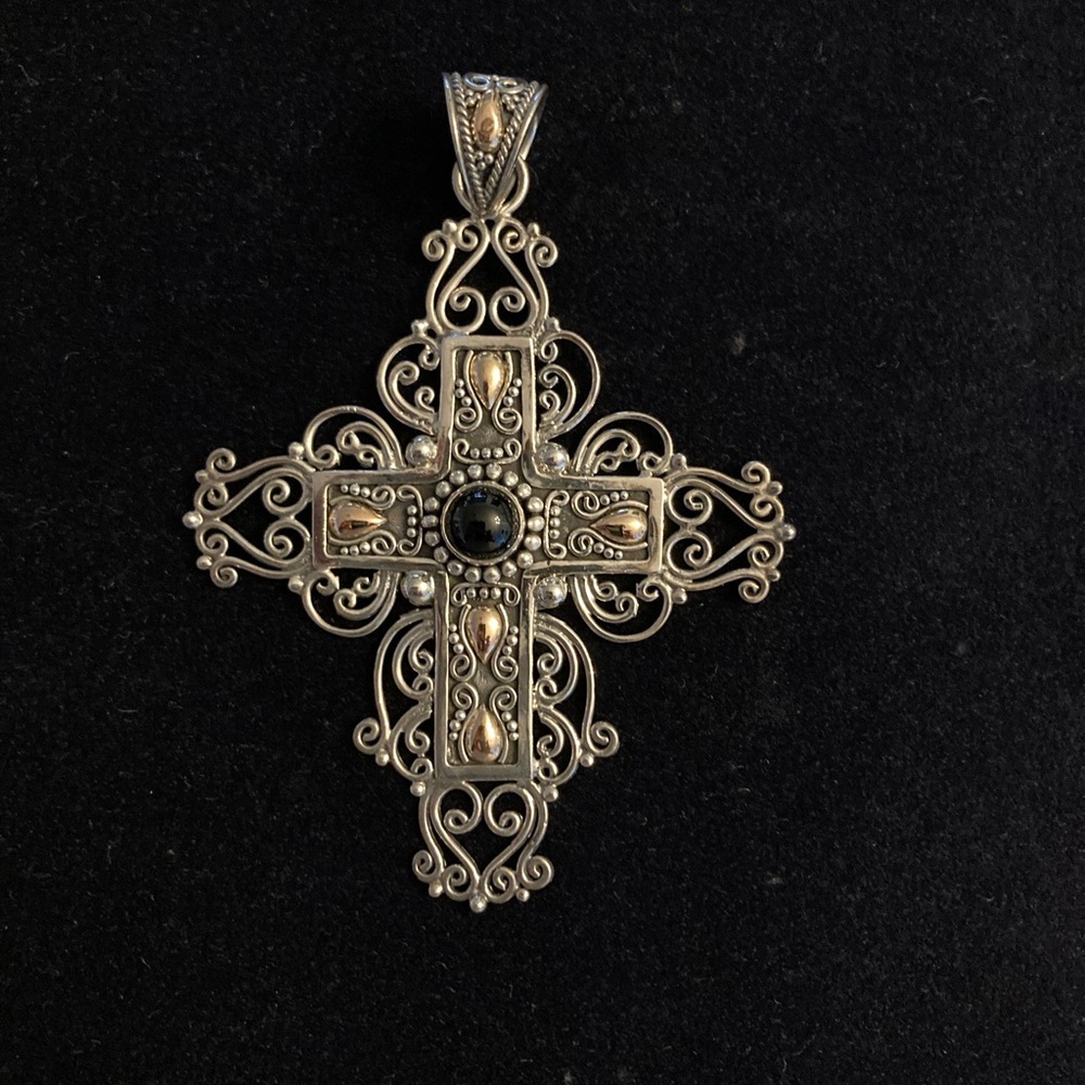 Sterling Filigree Cross with black onyx and 14 KT embellishments.